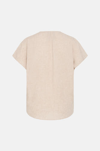 Chemisier beige à manches courtes de Fransa, avec une texture aspect lin et un décolleté simple au dos.