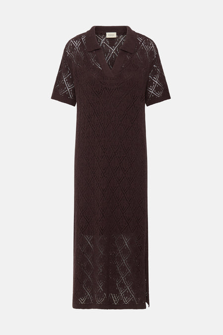 Robe marron à manches courtes de Fransa, avec motif ajour sur toute la longueur.