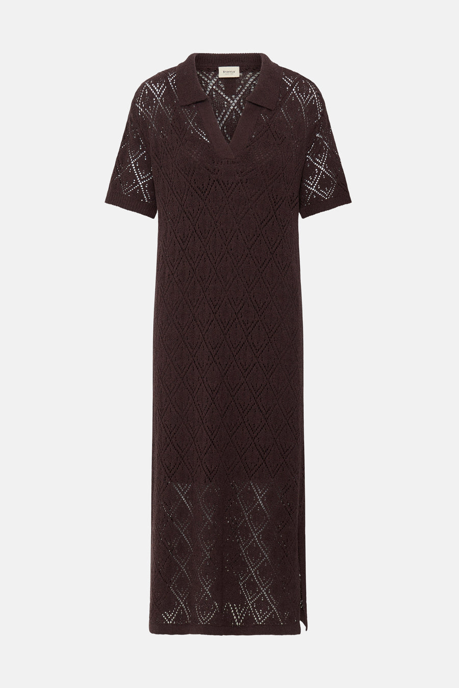 Robe marron à manches courtes de Fransa, avec motif ajour sur toute la longueur.