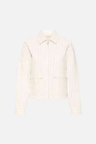 Veste courte écru de Fransa, avec un motif à fines rayures et une fermeture à glissière argentée.