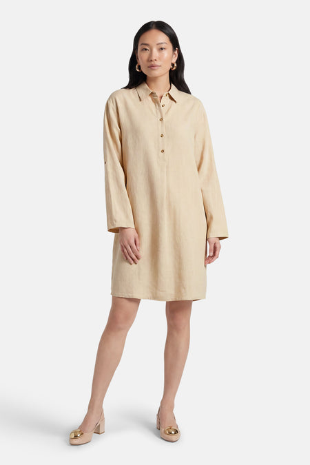 Robe beige à manches courtes de Fransa, avec manches longues et boutons dorés.