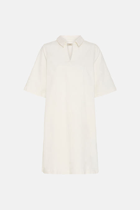 Witte denim jurk met korte mouwen van Fransa, met een kraag en V-hals.