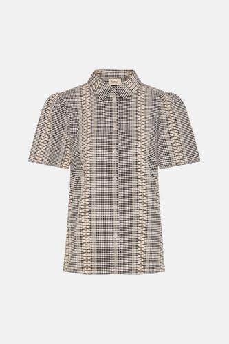 Chemise grise à manches courtes de Fransa, dotée d'un motif à carreaux et de bandes verticales avec des détails décoratifs.