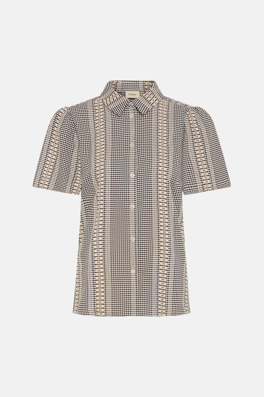 Chemise grise à manches courtes de Fransa, dotée d'un motif à carreaux et de bandes verticales avec des détails décoratifs.