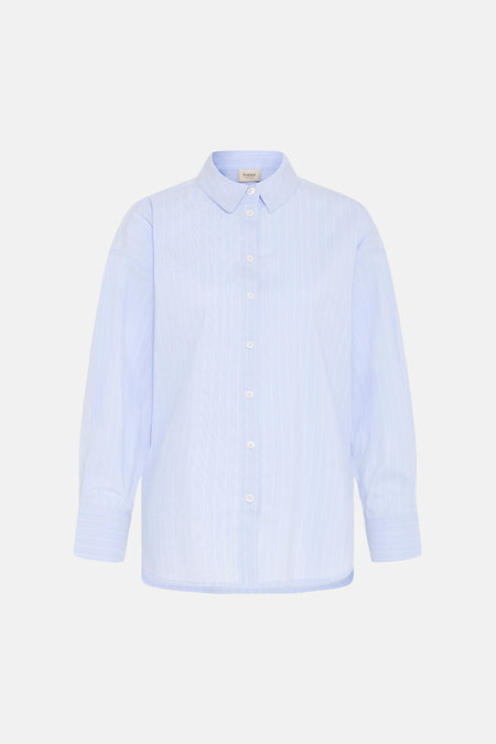 Chemise bleue à rayures de Fransa, à manches longues et fermeture boutonnée blanche.