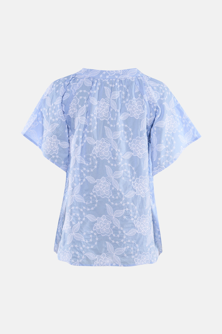 Chemisier bleu à manches courtes de Fransa avec broderie florale blanche, dos.