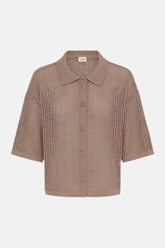 Gilet marron de Fransa avec motif ajouré, col, manches courtes et fermeture boutonnée.