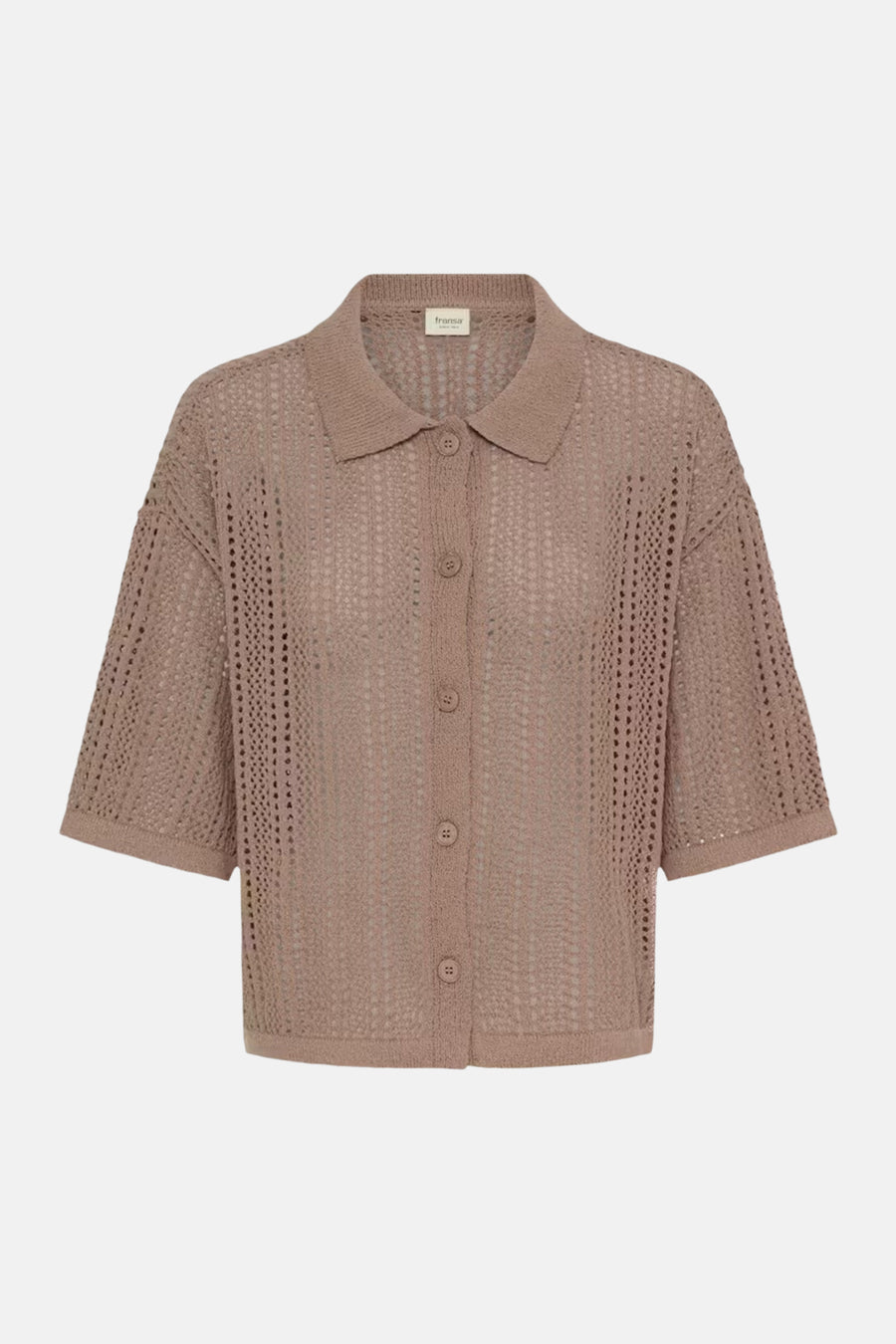 Gilet marron de Fransa avec motif ajouré, col, manches courtes et fermeture boutonnée.