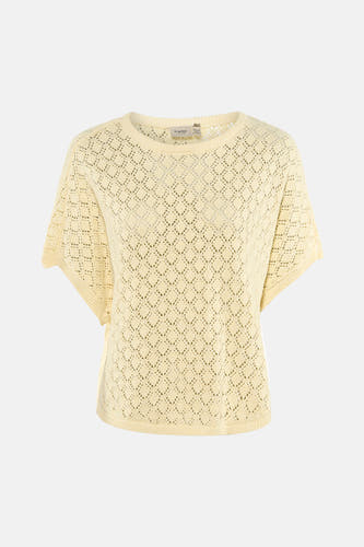 Pull jaune à col rond de Fransa, avec un motif ajouré en losange et des manches courtes.