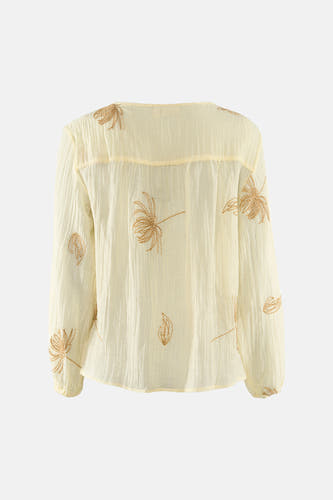Chemise jaune à manches longues de Fransa, avec texture froissée et feuilles de palmier brodées, dos.