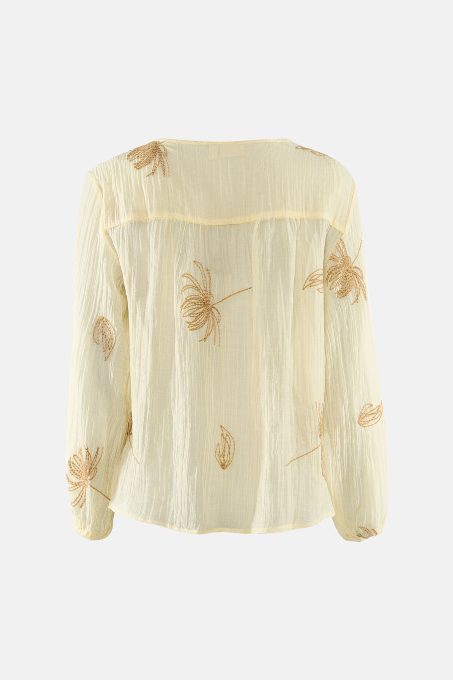 Chemise jaune à manches longues de Fransa, avec texture froissée et feuilles de palmier brodées, dos.