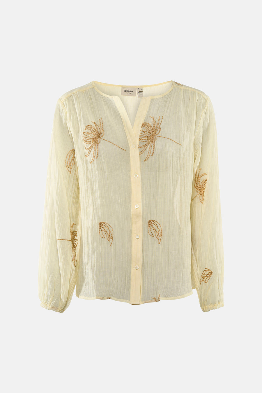 Chemise jaune à manches longues de Fransa, avec tissu plissé, motifs floraux et feuillages brodés brun doré et un col en V avec fermeture à boutons.
