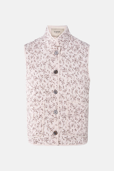 Gilet écru de France avec des motifs floraux bruns et une fermeture à boutons devant.
