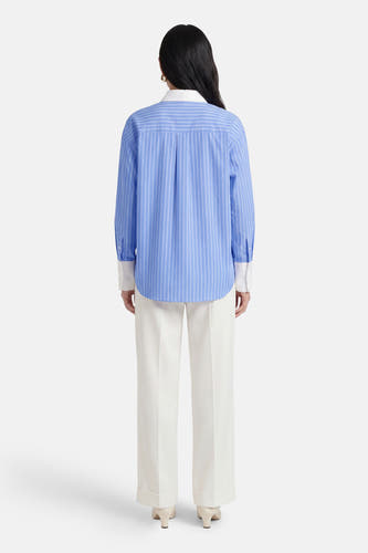 Chemise bleue à rayures à manches longues de Fransa, avec col et manchettes blancs, vue de dos.