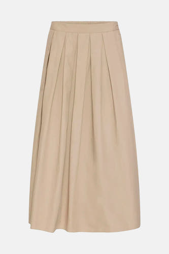 Bruine lange rok van Fransa® met verticale plooien en elastische taille, front view
