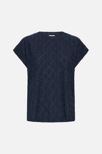 T-shirt bleu à manches courtes de Fransa, avec un motif décoratif en losange ajouré.