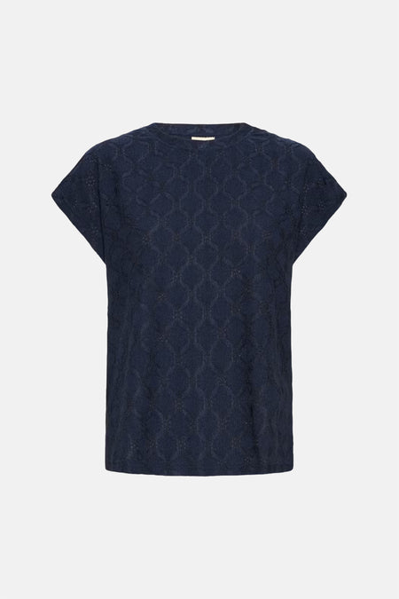 T-shirt bleu à manches courtes de Fransa, avec un motif décoratif en losange ajouré.