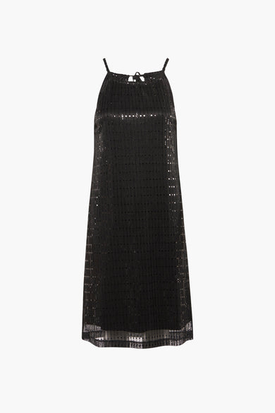 Robe sans manches noire courte de 24 couleurs, avec paillettes et un col en V avec des cordons.