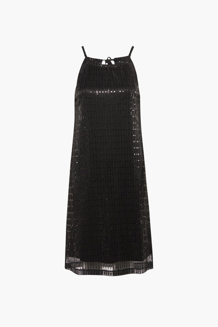 Robe sans manches noire courte de 24 couleurs, avec paillettes et un col en V avec des cordons.