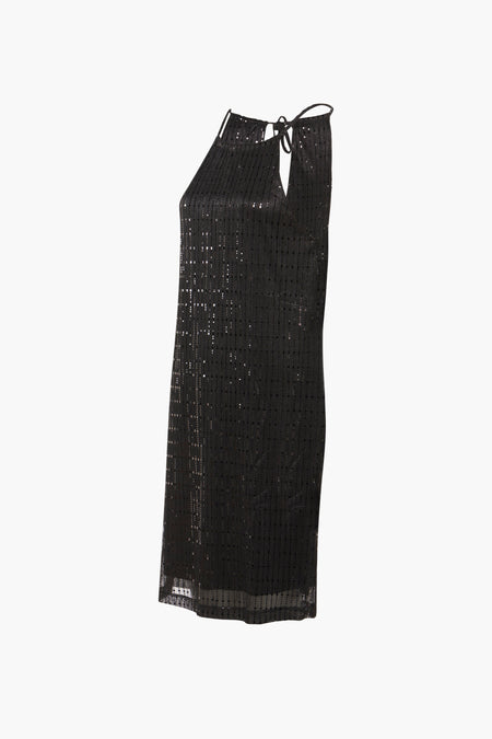 Robe noire courte de 24 couleurs, avec des paillettes fines et un col en V avec détail en ruban.