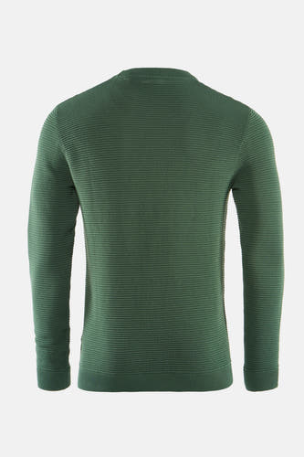 T-shirt vert avec col rond de SOLID, tricoté finement dans une structure côtelée horizontale, vue arrière.