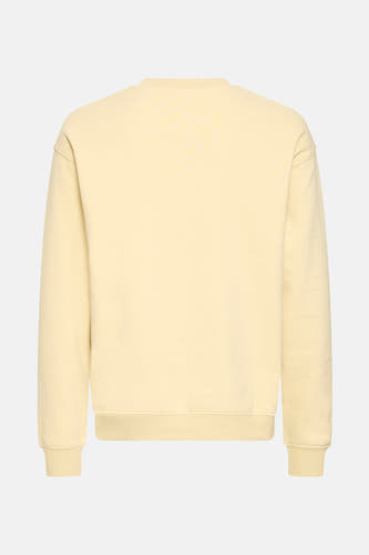 Gele sweater met ronde hals van SOLID, effen kleur en lange mouwen tegen een witte achtergrond.
