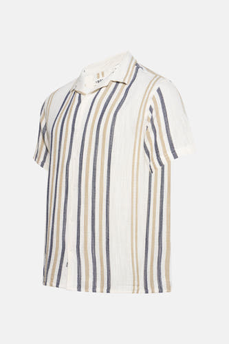 Blauw gestreept overhemd met korte mouwen van SOLID, met beige en witte strepen.