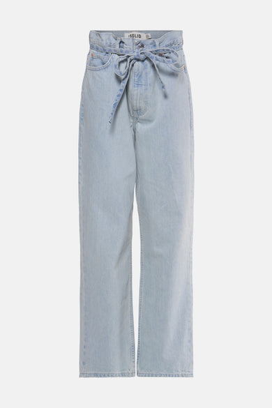 Jean en denim bleu clair large de SOLID, avec détail de ceinture et fermeture à glissière.