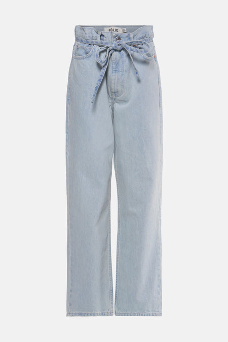 Jean en denim bleu clair large de SOLID, avec détail de ceinture et fermeture à glissière.