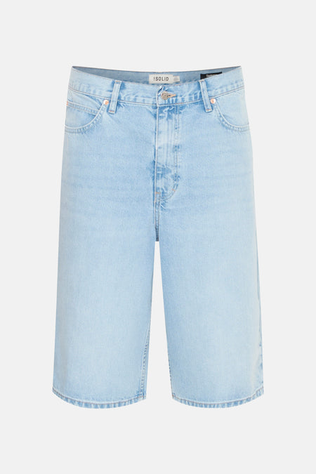 Short en jean bleu clair de SOLID avec fermeture à bouton et fermeture à glissière, poches classiques et rivets couleur cuivre.