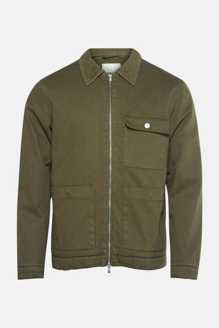 Manteau vert court de SOLID, avec fermeture éclair et poches brodées.