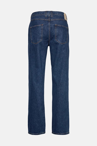 Jean droit en denim bleu, de SOLID, avec des poches arrière et une étiquette brune.
