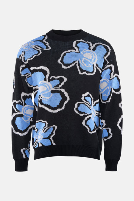 Gilet noir à col rond de SOLID, avec imprimé de fleurs bleues et des accents blancs.