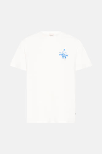T-shirt blanc à manches courtes de SOLID avec un imprimé bleu "Soulscape" sur la poitrine.