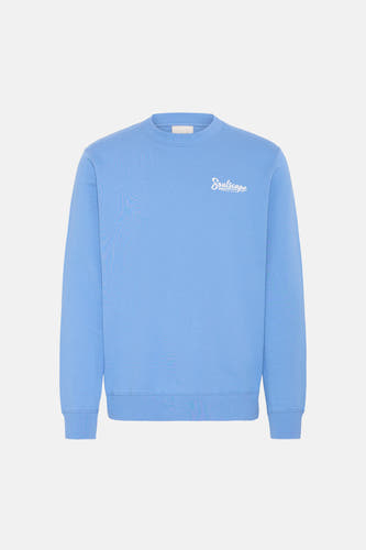 Gilet bleu de SOLID avec des manches longues et un col rond, avec du texte "Soulscape" blanc sur le dos.