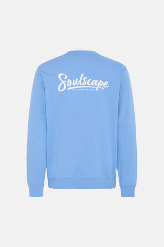 Blauwe sweater van SOLID met lange mouwen en een ronde hals, met witte 'Soulscape' tekst op de achterkant.

