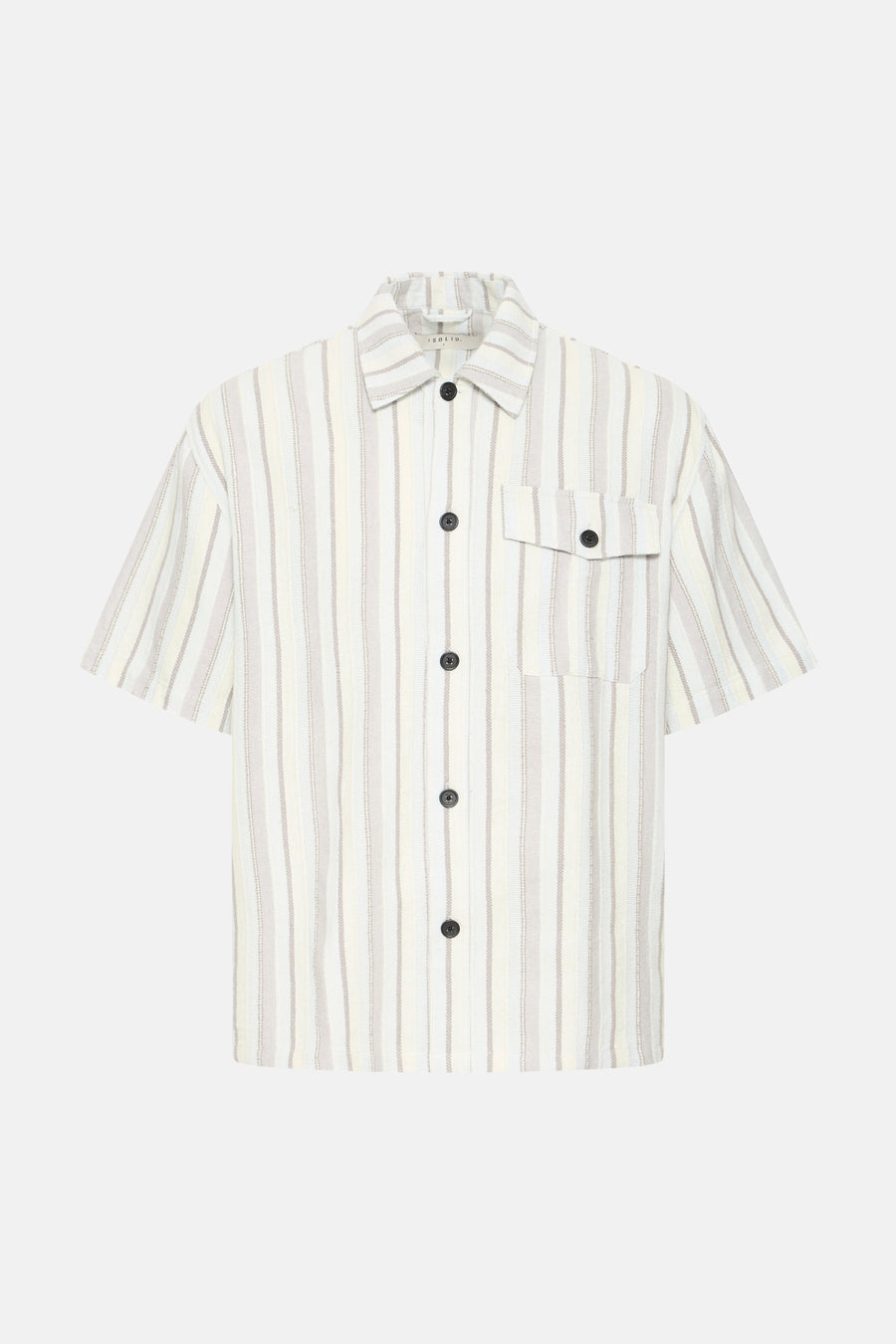 Chemise rayée à manches courtes multicolore de SOLID, confectionnée en tissu texturé avec boutons foncés et poche poitrine.