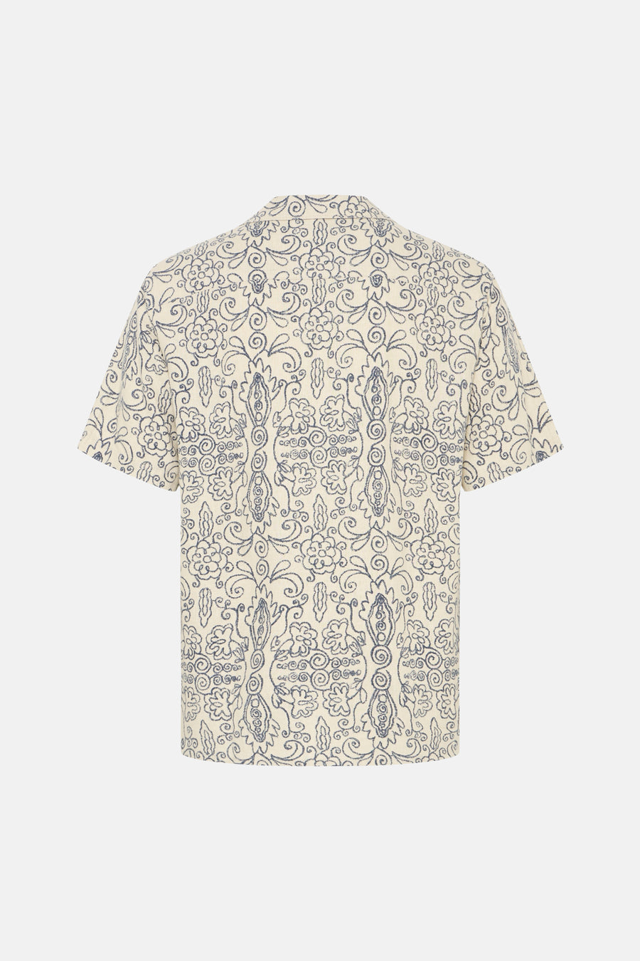 Chemise écru à manches courtes de SOLID, avec un motif floral et de volutes bleu détaillé, vue arrière.