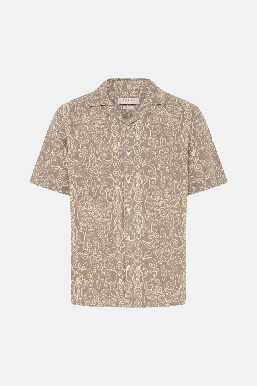 Chemise marron à manches courtes de SOLID, avec motif abstrait floral et arabesque beige clair et boutons blancs.