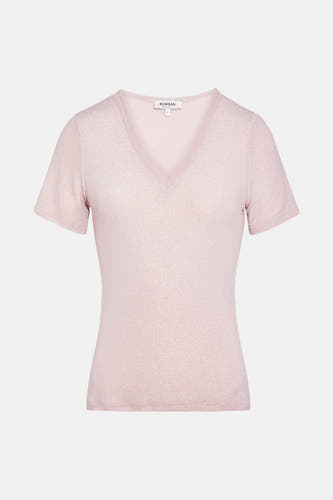 T-shirt rose à manches courtes de Morgan De Toi, avec un col V et des subtiles scintillants.
