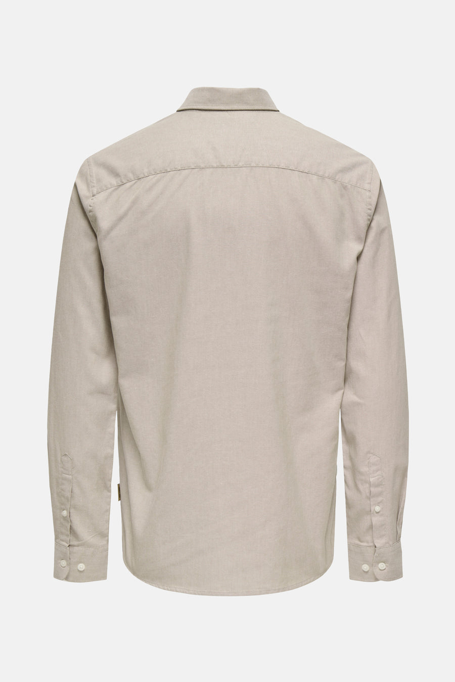 Beige herenoverhemd van katoen, achterkant.
