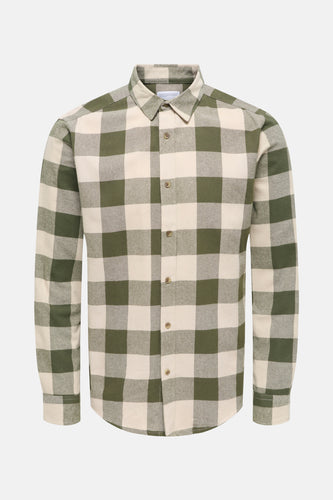 Groen-crème geruit overhemd met lange mouwen.