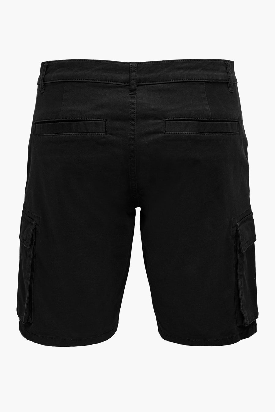 Zwarte cargo shorts, achterkant.