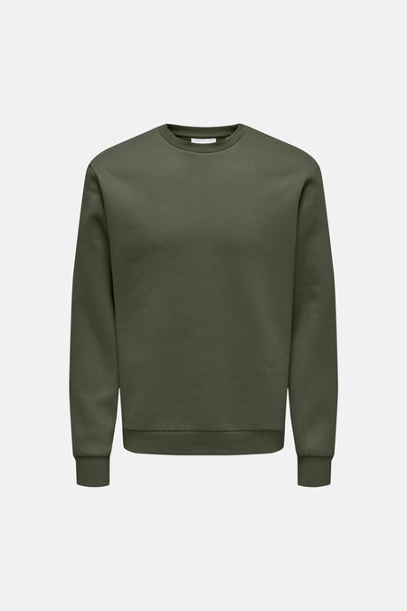 Groene ronde hals sweater van ONLY & SONS®, eenvoudig ontwerp met ribboorden aan kraag, mouwen en zoom, front view