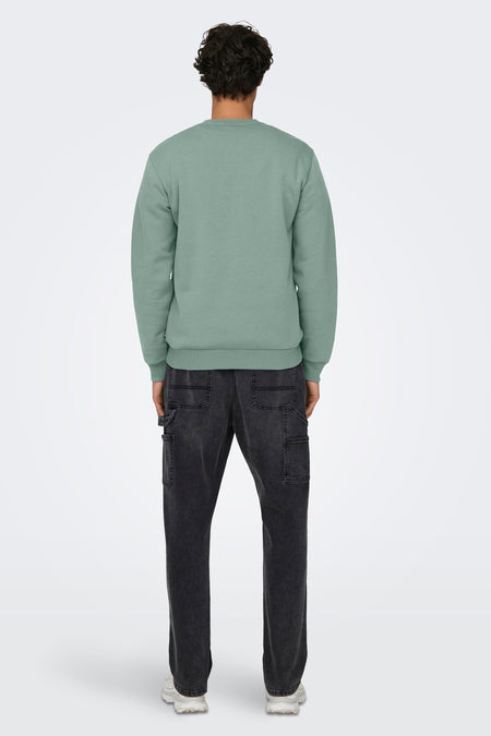 Groene sweater met ronde hals van ONLY & SONS®, achterzijde zichtbaar, gedragen met donkere jeans en witte sneakers.