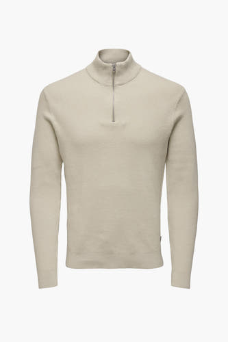 Pull écru de ONLY & SONS avec col montant, fermeture à glissière devant et fine structure en côtes.