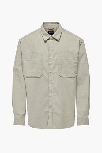 Chemise en corduroy gris ONLY & SONS, à longues manches, col boutonné et deux poches po.