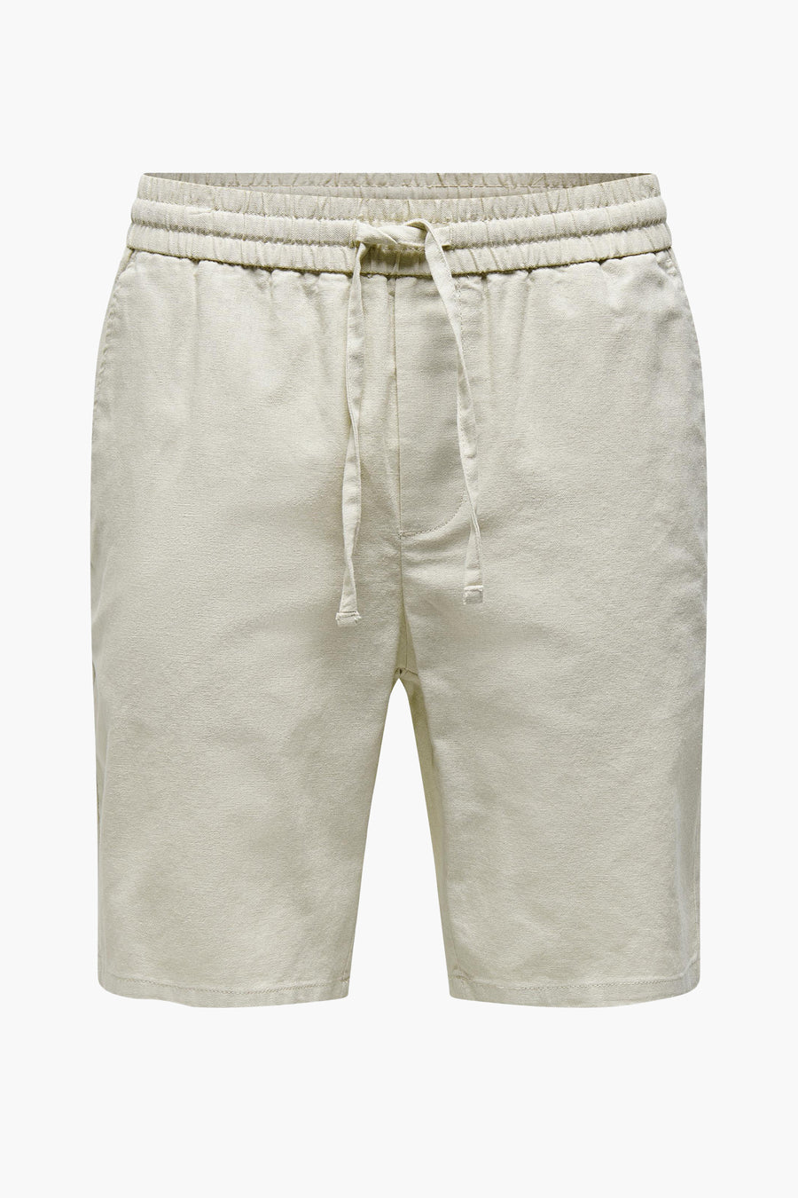 Beige linnen korte broek met trekkoord.
