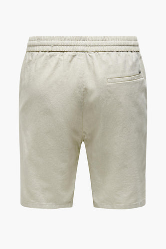 Crème linnen shorts achterkant met elastische tailleband en zak.