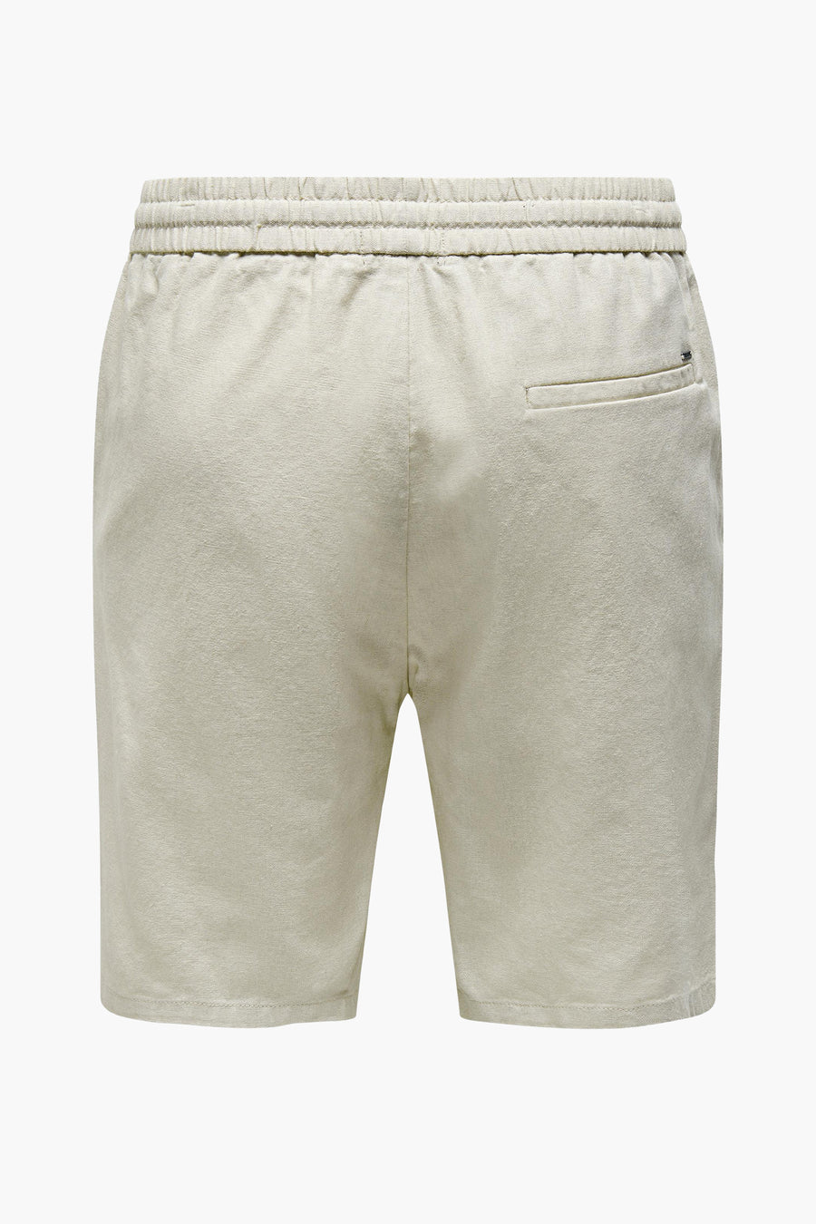 Crème linnen shorts achterkant met elastische tailleband en zak.